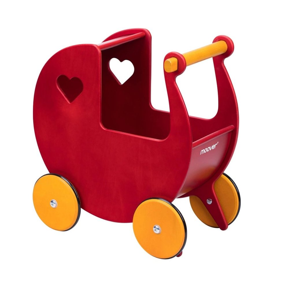 Moover Wooden Doll's Stroller Baby Toddler Miniature Push Pram Toy Red/Yellow